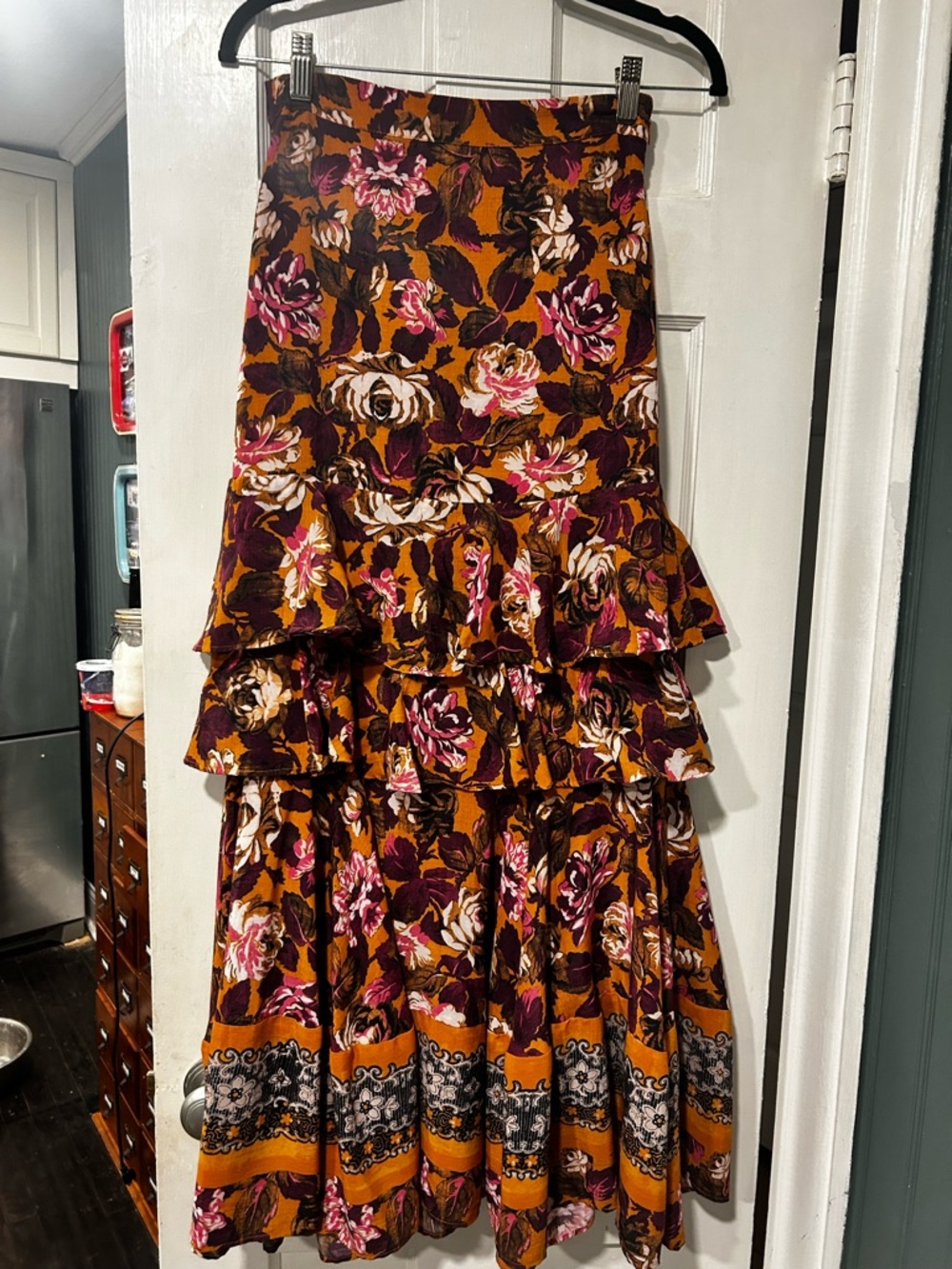 Sundance Floral Tiered Ruffle Maxi Skirt in Mustard and Pink XS